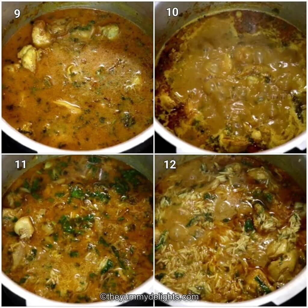 Collage image of 4 steps showing addition of water, herbs and rice to the pressure cooker.