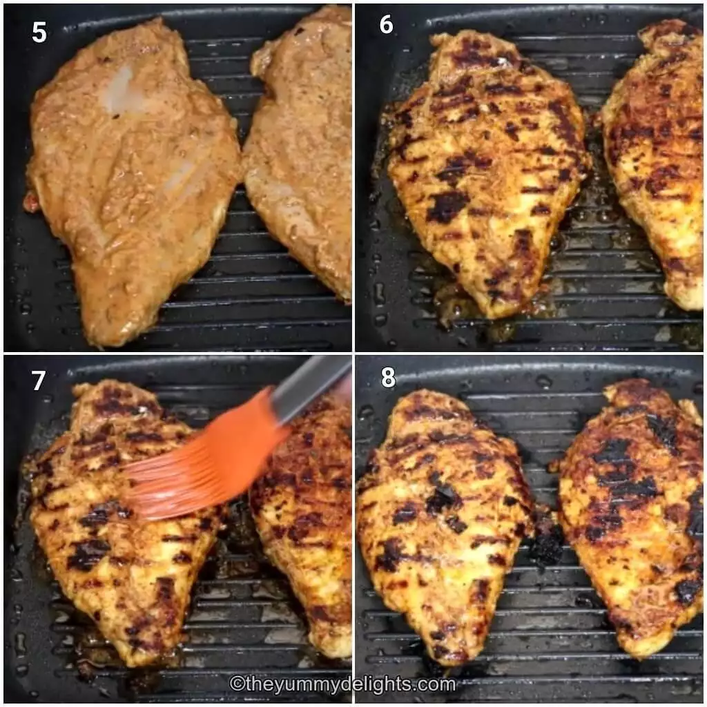 Collage image of 4 steps showing how to make Greek yogurt marinated chicken. It shows grilling the chicken.