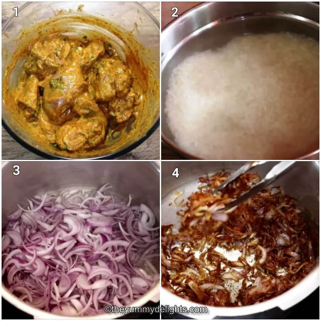 Collage image of 4 steps showing how to make pressure cooker chicken biryani recipe. It shows marinating the chicken, soaking rice in water and frying the onions.