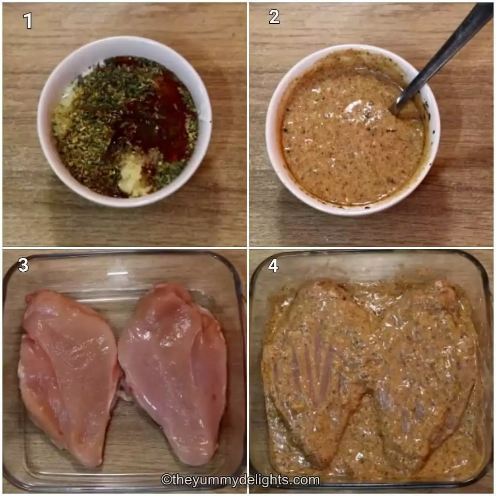 Collage image of 4 steps showing how to make Greek yogurt marinade for chicken. It shows making the yogurt chicken marinade and marinating the chicken with it.