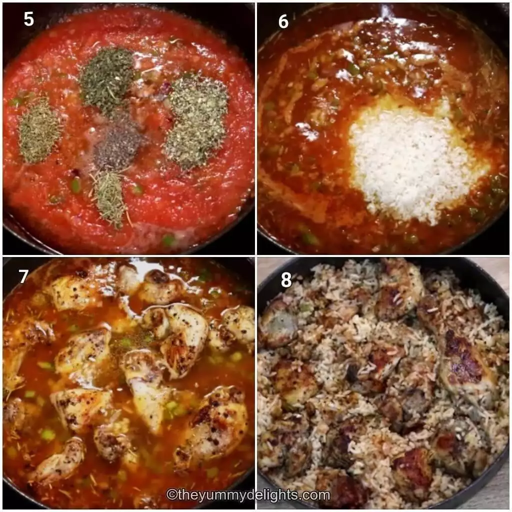 Collage image of 4 steps showing making Italain tomato chicken and rice. It shows addition of tomato puree, Italian herbs, salt, pepper, rice, and chicken and cooking it in a pot.