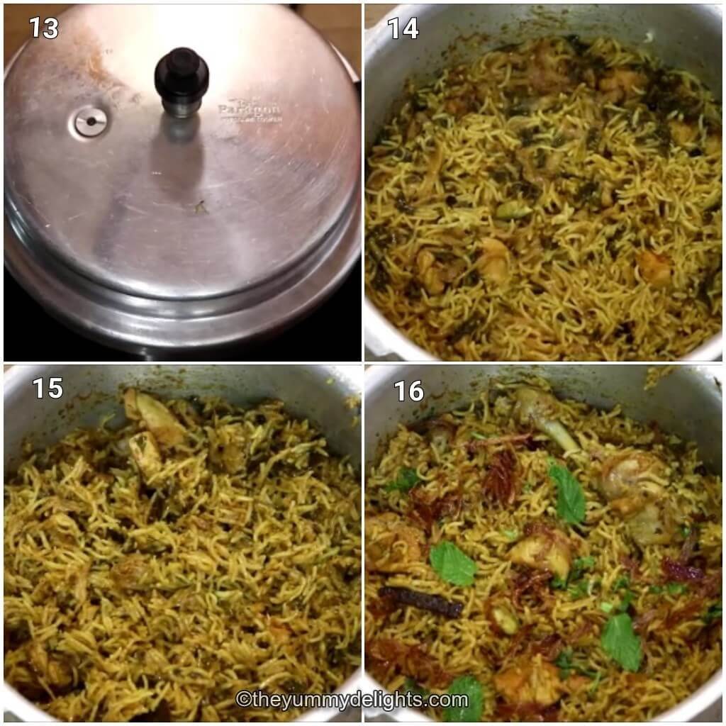 Collage image of 4 steps showing pressure cooking the chicken biryani, opening the lid of the pressure cooker and garnishing the biryani.