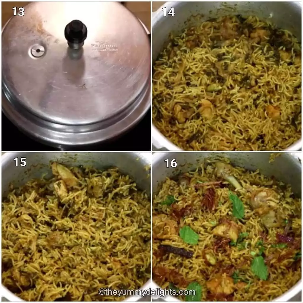Collage image of 4 steps showing pressure cooking the chicken biryani, opening the lid of the pressure cooker and garnishing the biryani.