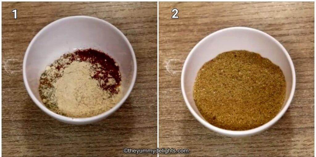 Collage image of 2 steps showing how to make curry powder. It shows different spices in one bowl and mixing it.