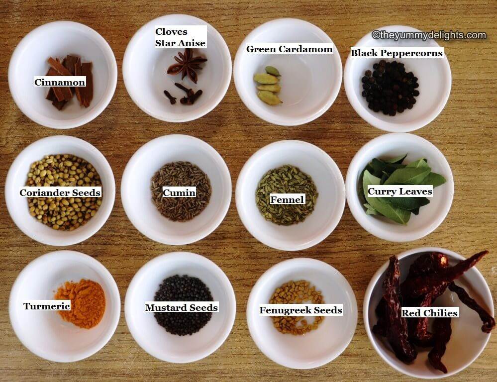 individually labeled ingredients to make Madras curry powder are laid out on a table.