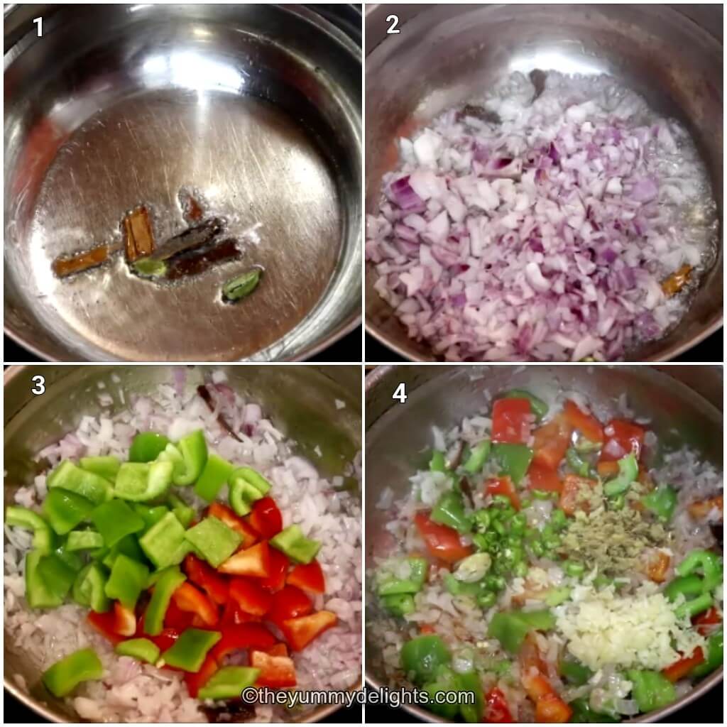 Collage image of 4 steps showing how to make chicken Balti recipe. It shows sauteing whole spices, onions, bell peppers and addition of ginger, garlic and green chili.