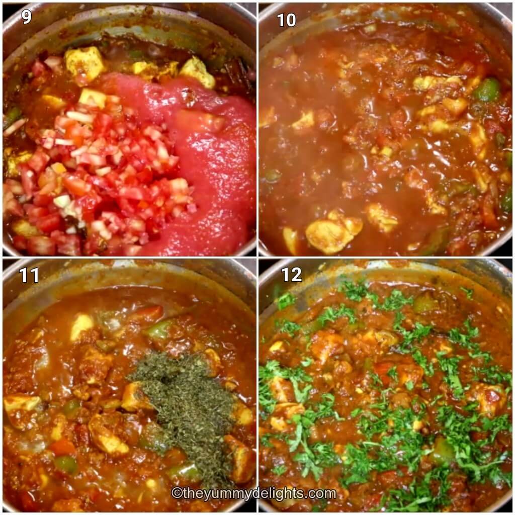 Collage image of 4 steps showing addition of tomato passata, tomato and cooking the chicken Balti sauce. It also shows addition of Kasuri methi and garnishing the curry with coriander leaves.