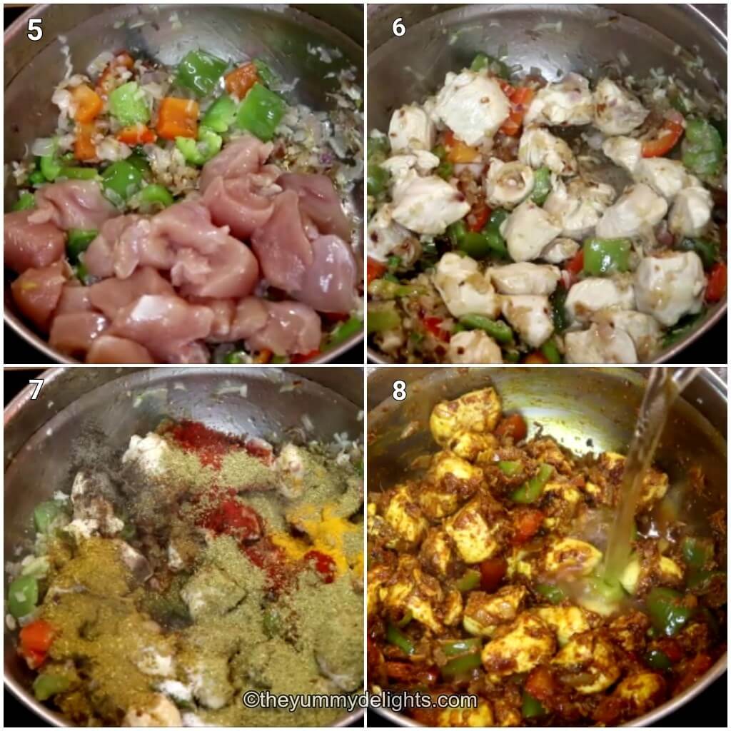 Collage image of 4 steps showing addition of chicken, spices and sauteing them to make Balti chicken.