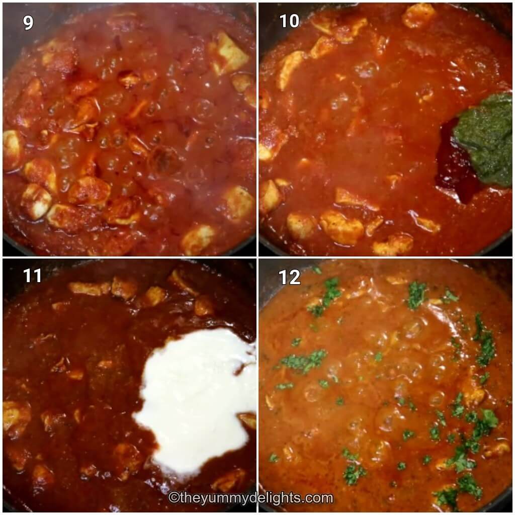 Collage image of 4 steps showing how to make chicken chasni curry. It shows addition of mango chutney, mint sauce, ketchup. It also shows addition of cream, and garnishing with coriander leaves.