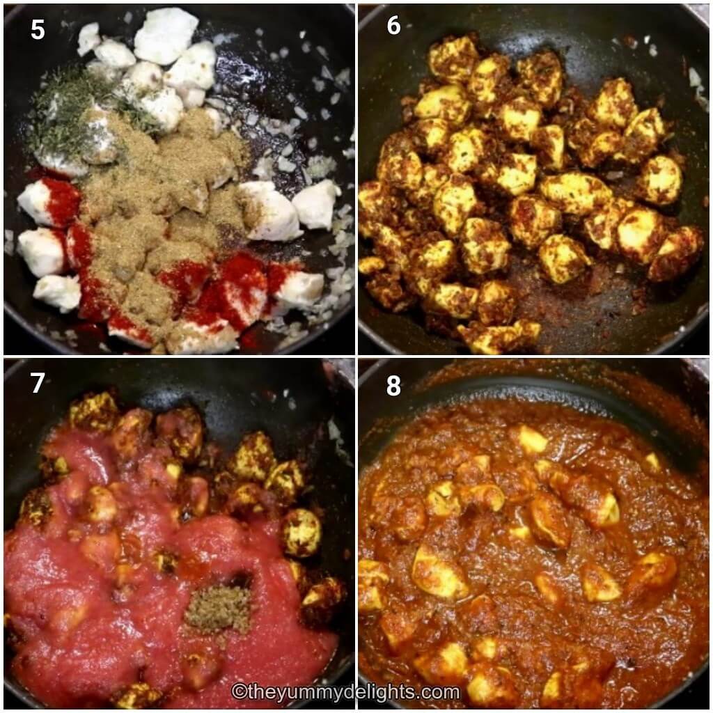 Collage image of 4 steps showing how to make chicken pathia. It shows addition of spices, tomato passata, tamarind paste and sugar to make pathia sauce.