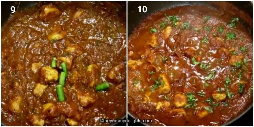 Collage image of 2 steps showing making chicken pathia curry. It shows addition of green chili and cooking the Pathia curry.