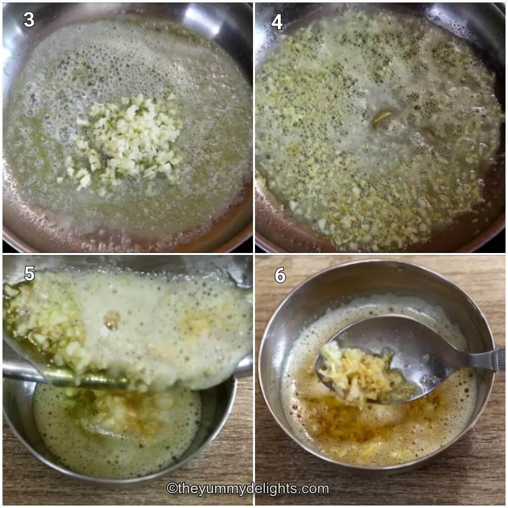 Collage image of 4 steps showing how to make garlic butter. It shows sauteing the garlic in butter and removing it to a bowl.