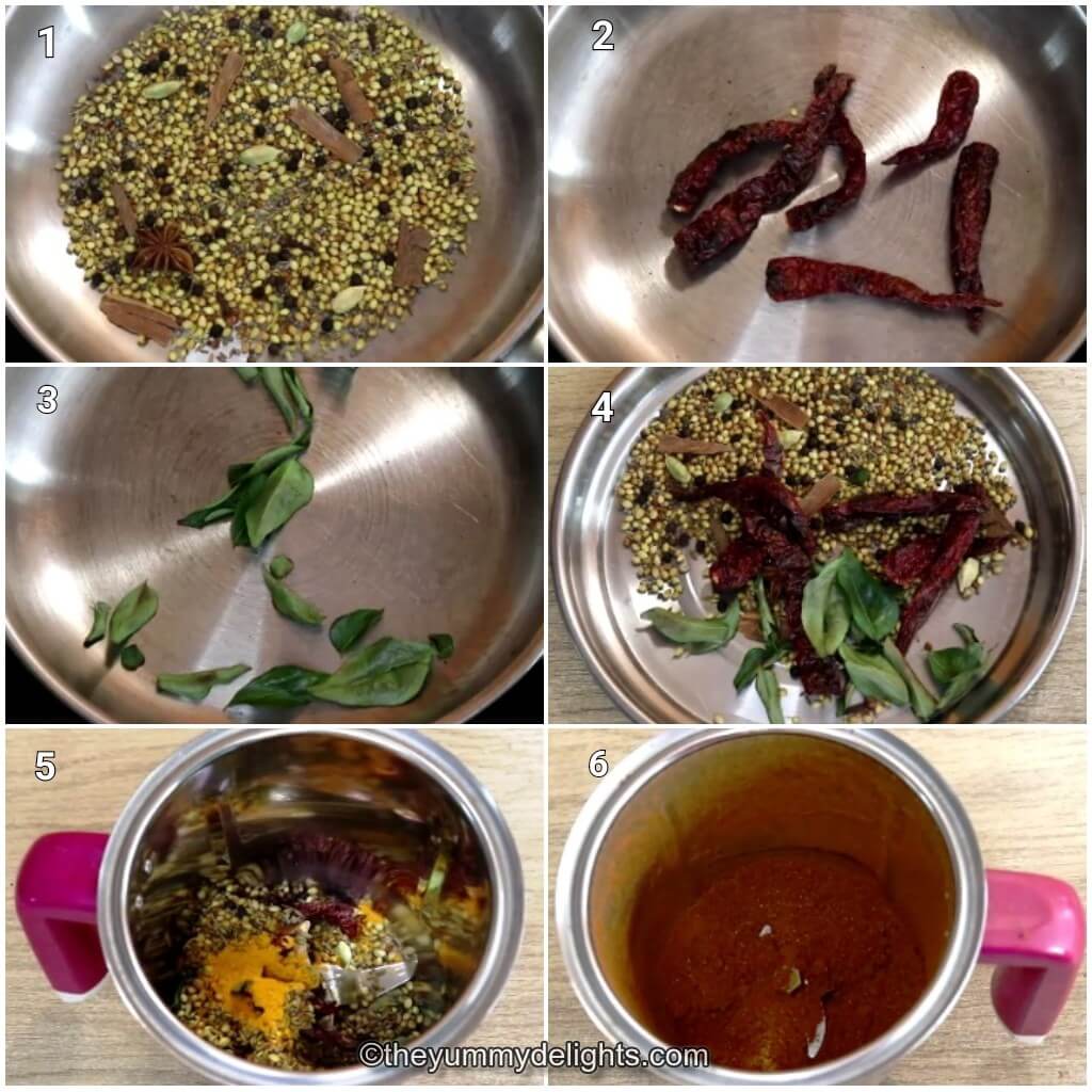 Collage image of 6 steps showing how to make Madras curry powder.