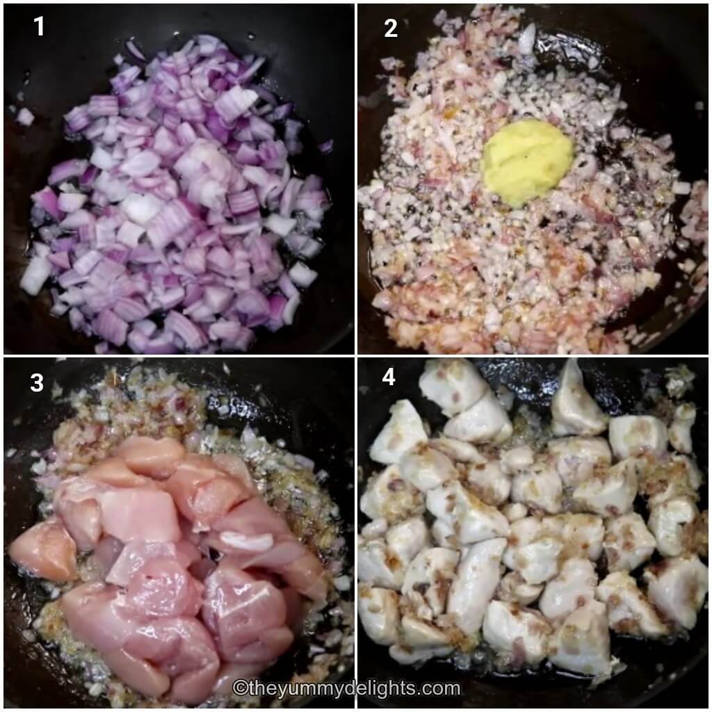 Collage image of 4 steps showing how to make chicken chasni. It shows sauteing onions, ginger-garlic paste and chicken.
