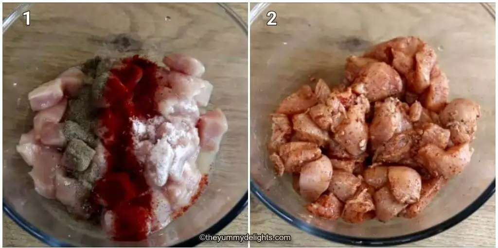 Collage image of 2 steps showing marinating the chicken to make garlic chicken recipe.
