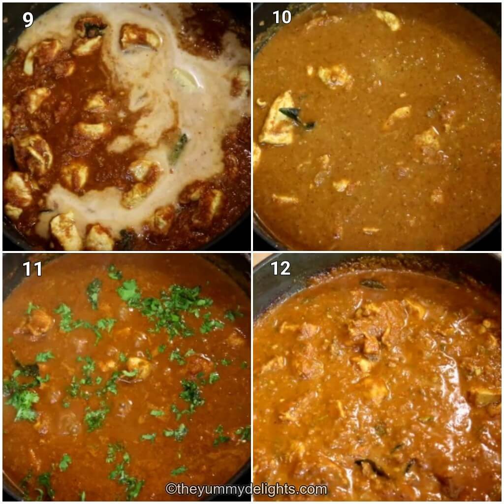 Collage image of 4 steps showing how to make Madras chicken curry. It shows addition of coconut milk and cooking the Madras curry.