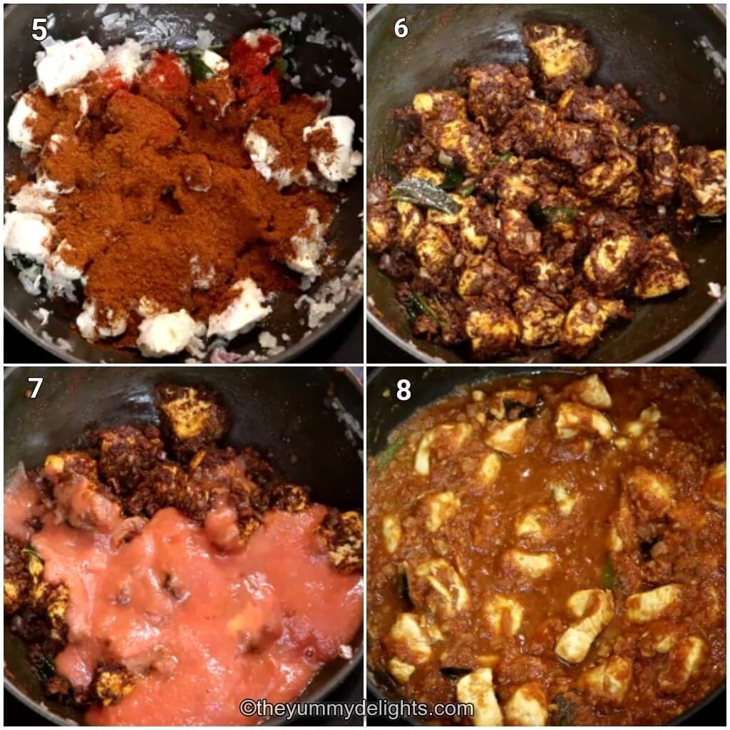 Collage image of 4 steps showing how to make Madras chicken curry. It shows addition of Madras curry powder, sauteing chicken, addition of tomato puree and cooking it.