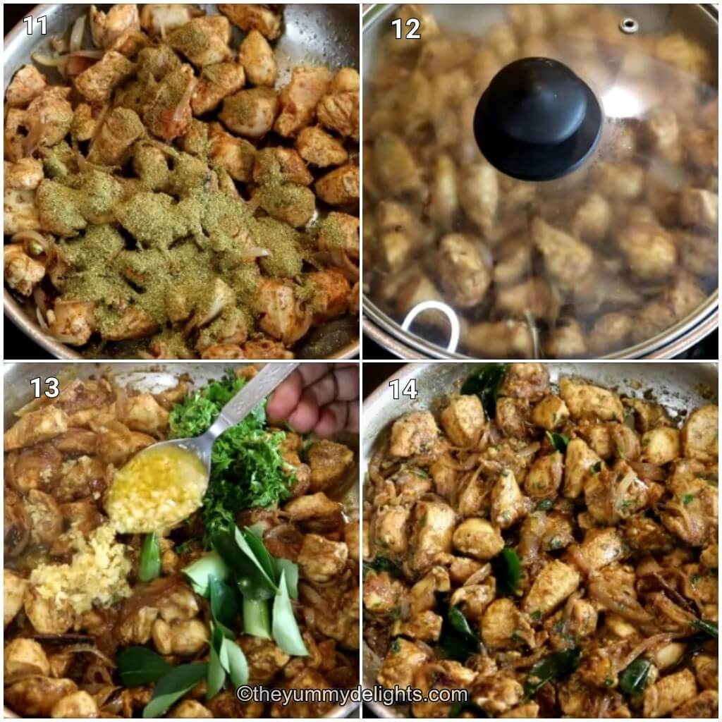 Collage image of 4 steps showing making garlic chicken recipe. It shows addition of coriander powder and cumin powder, cooking chicken and finally adding garlic butter and herbs to the chicken.