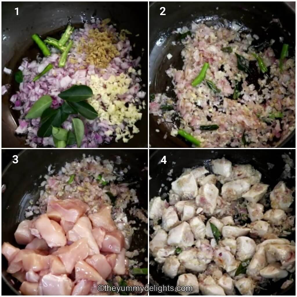Collage image of 4 steps showing how to make Madras chicken. It shows sauteing onion, ginger, garlic, and green chilies. It also shows addition of chicken and sauteing it. 