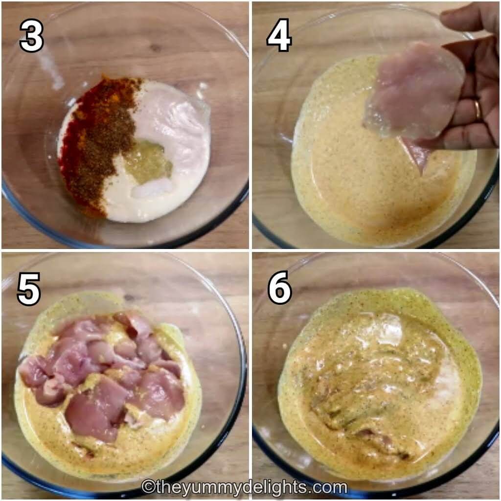 Collage image of 4 steps showing how to make chicken pasanda recipe. It shows marinating the chicken.