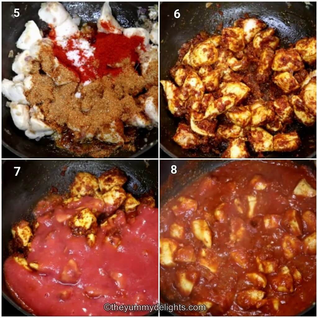 Collage image of 4 steps showing how to make chicken chasni recipe. It shows the addition of curry powder, Kashmiri red chili powder, tomato passata and cooking it.