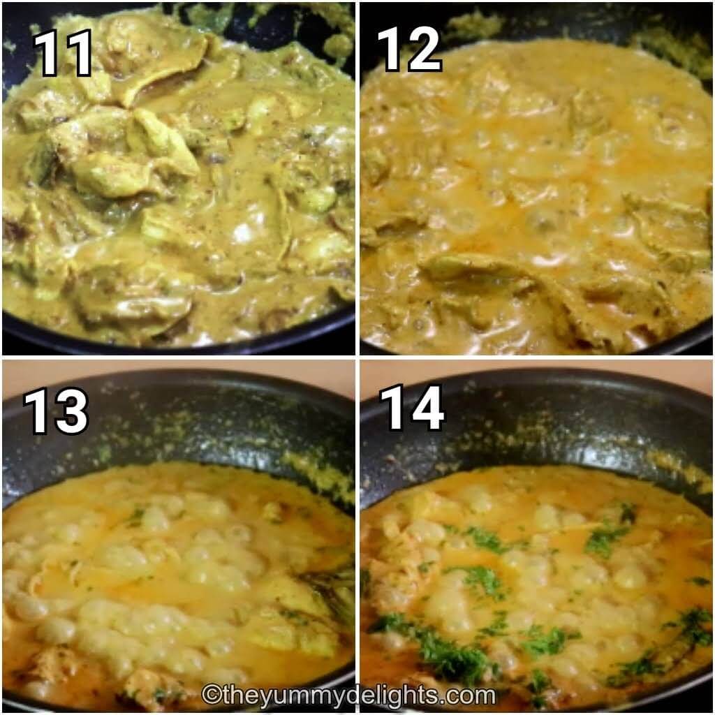 Collage image of 4 steps showing making the chicken pasanda curry recipe. It shows cooking the pasanda curry.