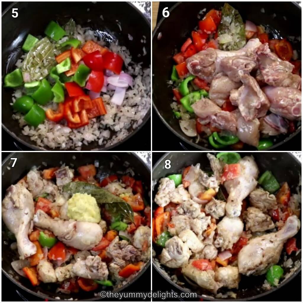 Collage image of 4 steps showing how to make tomato chicken curry. It shows sauteing bell peppers, chicken, ginger-garlic paste and cooking it.