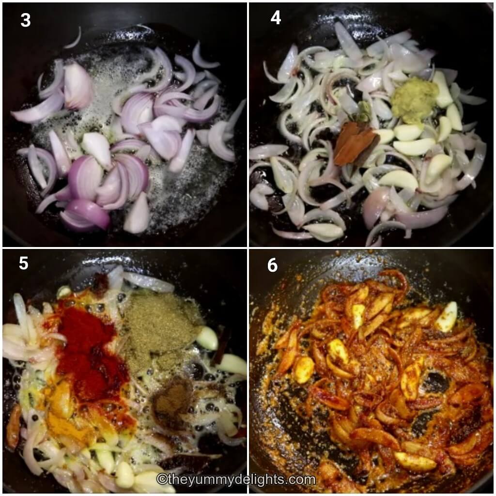 Collage image of 4 steps showing how to make Indian butter chicken recipe. It shows sauteing onions, ginger and garlic, addition of spices and sauteing them.