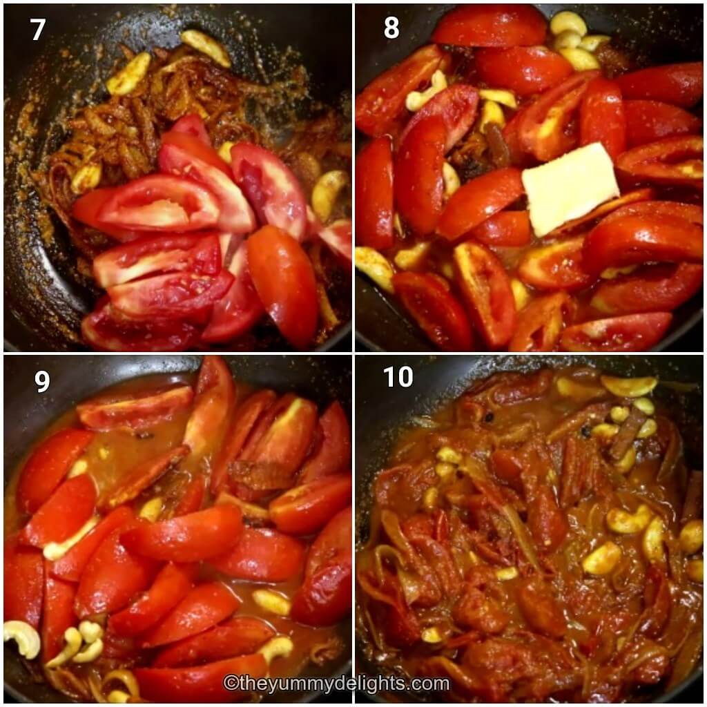 Collage image of 4 steps showing how to make butter chicken sauce. It shows addition of tomatoes, butter, and cooking it until tomatoes are soft and pulpy.
