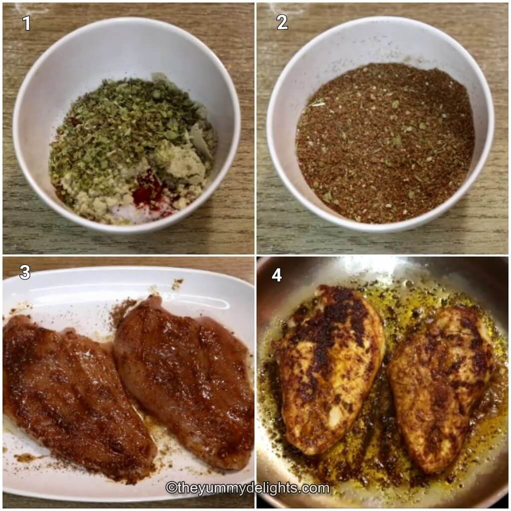 Collage image of 4 steps showing how to make cumin chicken. It shows how to make cumin seasoning, marinating the chicken and cooking it.