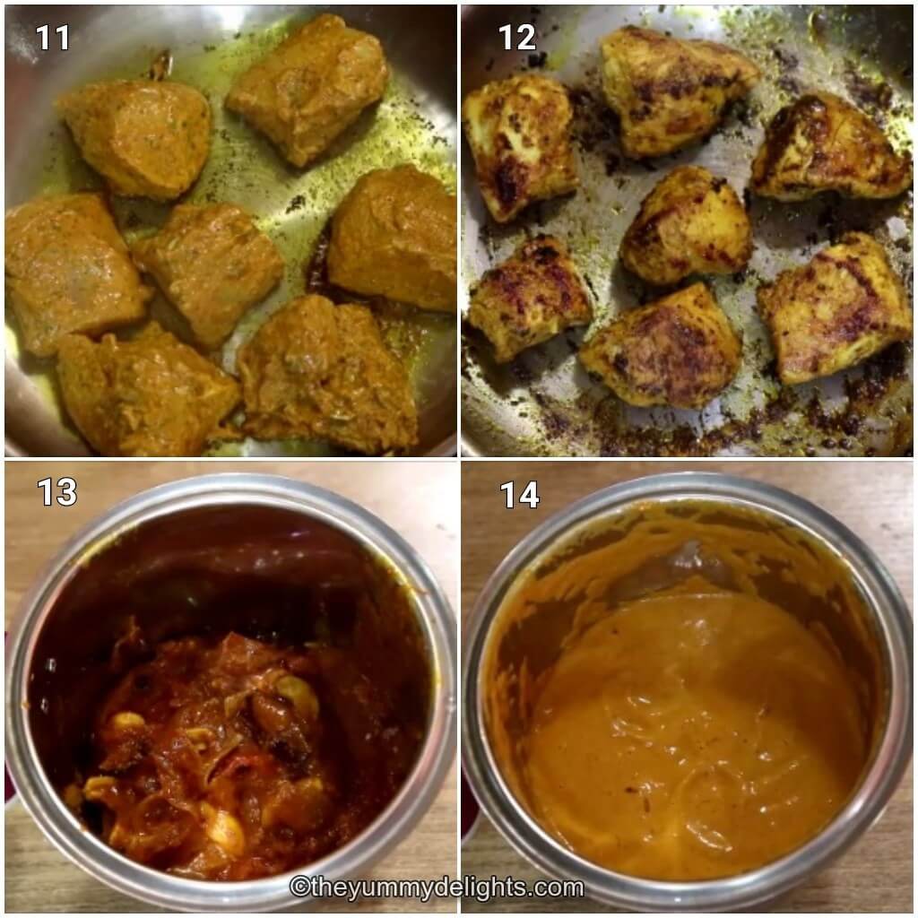 Collage image of 4 steps showing how to grill the chicken and grinding the tomato masala to a fine paste.