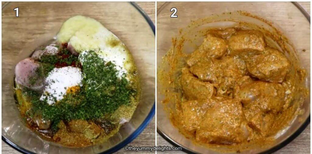 Collage image of 2 steps showing marinating the chicken to make Indian butter chicken recipe.