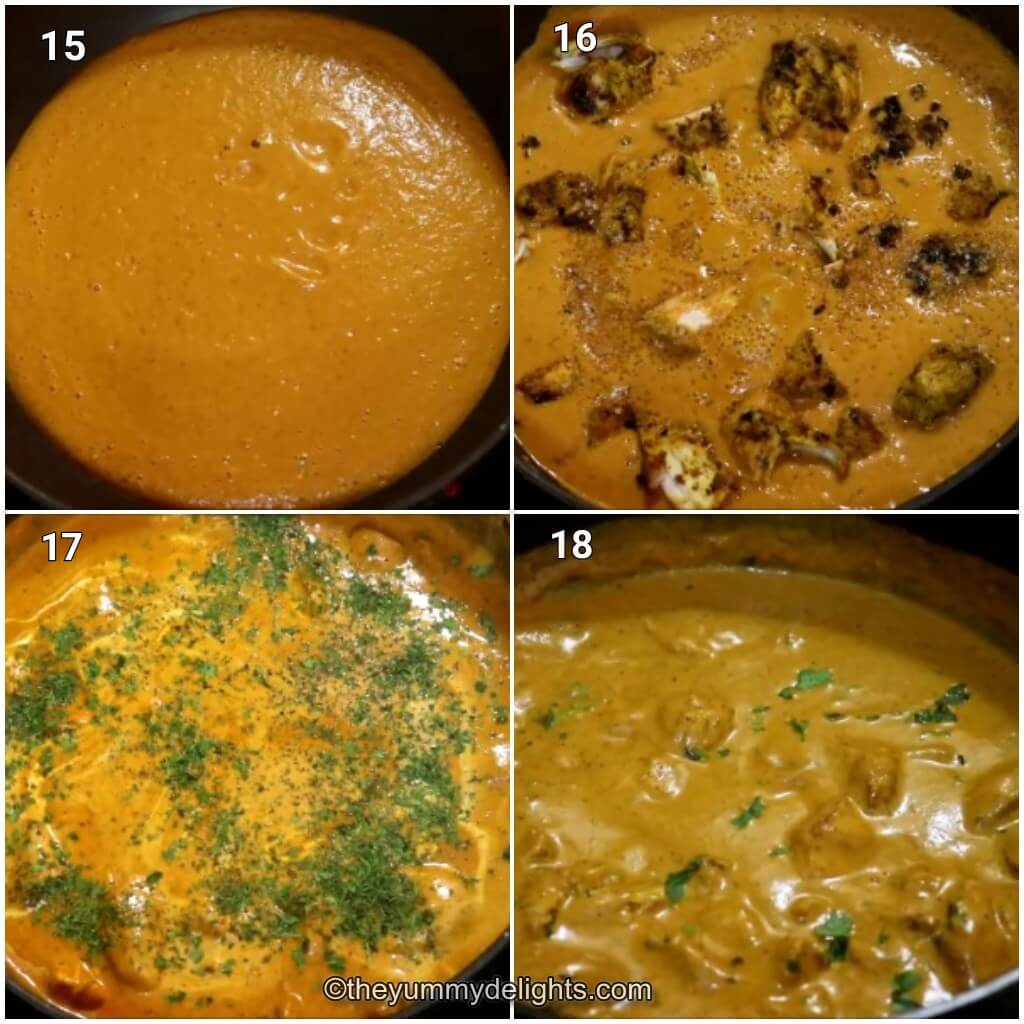 Collage image of 4 steps showing how to make Indian butter chicken. It shows cooking the butter chicken sauce, addition of tandoori chicken and simmering it.