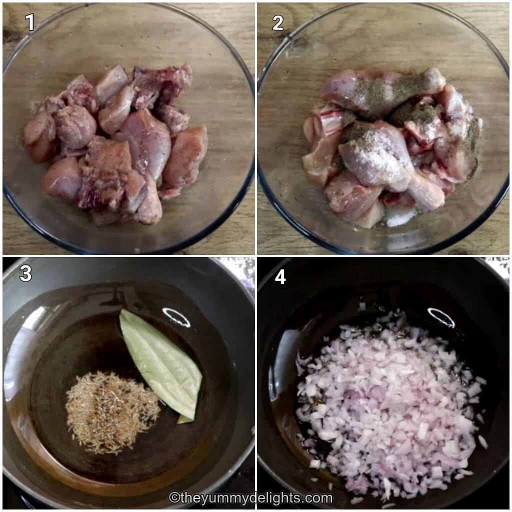 Collage image of 4 steps showing how to make tomato chicken recipe. It shows marinating the chicken. It also shows sauteing cumin, bay leaves and onions.