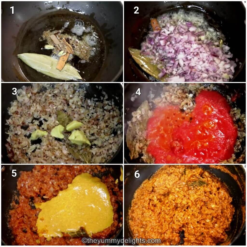 Collage image of 6 steps showing how to make chicken dopiaza. It shows sauteing whole spices, onions, ginger-garlic paste, and spiced yogurt.