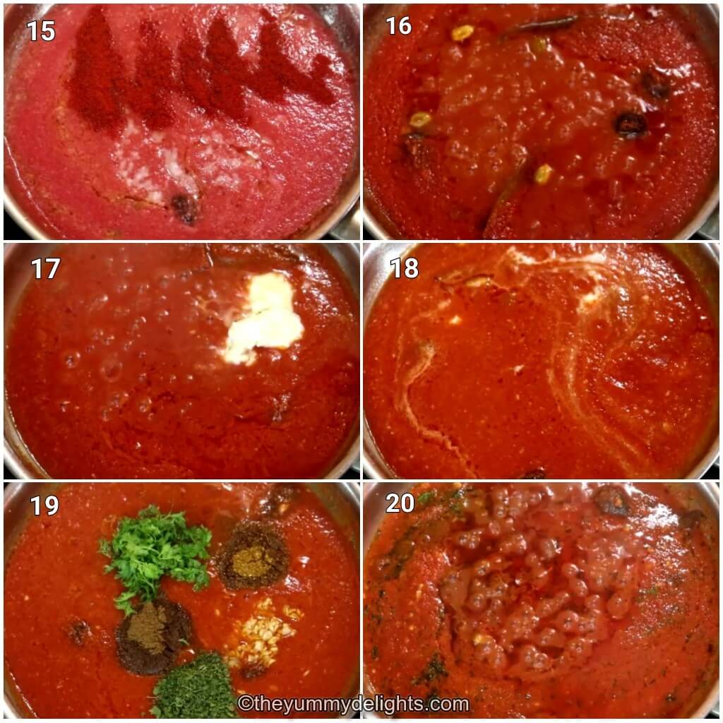 Collage image of 6 steps showing how to make ruby chicken curry. It shows addition of tomatoes, chili powder and salt and cooking it. It also shows addition of butter, fried garlic, kasuri methi, garam masala and dill fronds. 