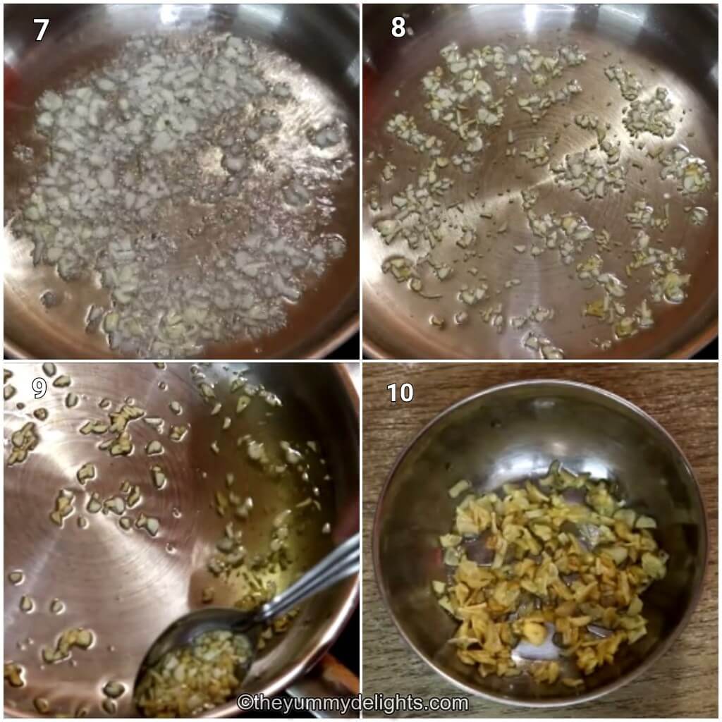 Collage image of 4 steps showing frying the garlic to make chicken ruby curry.