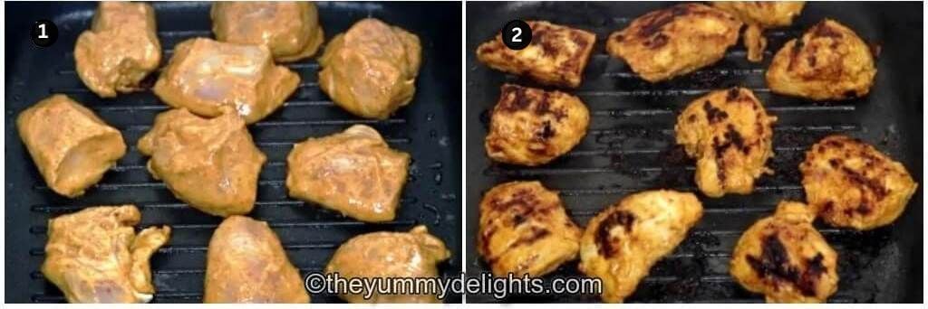 collage image of 2 steps showing grilling the chicken to make dishoom's chicken ruby curry recipe.
