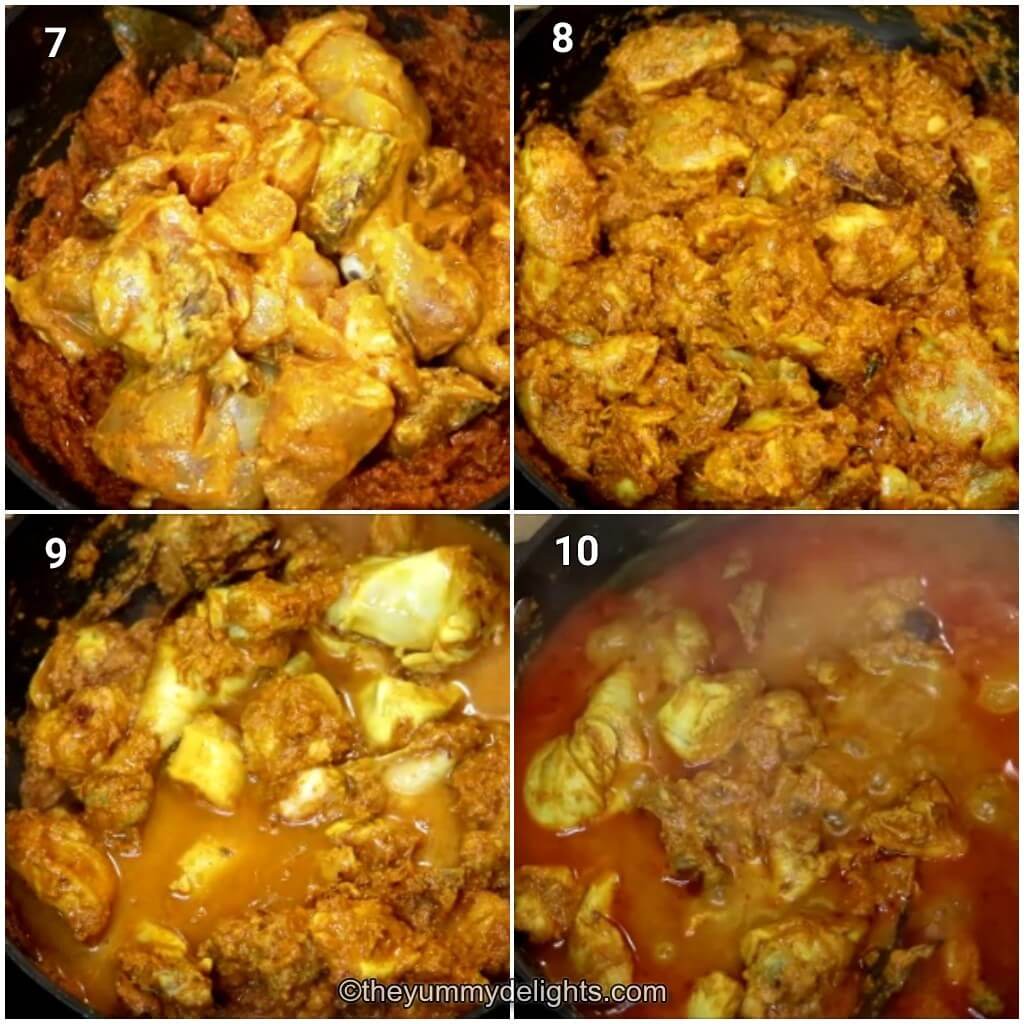 Collage image of 4 steps showing addition of marinated chicken and cooking it to make do pyaza curry.