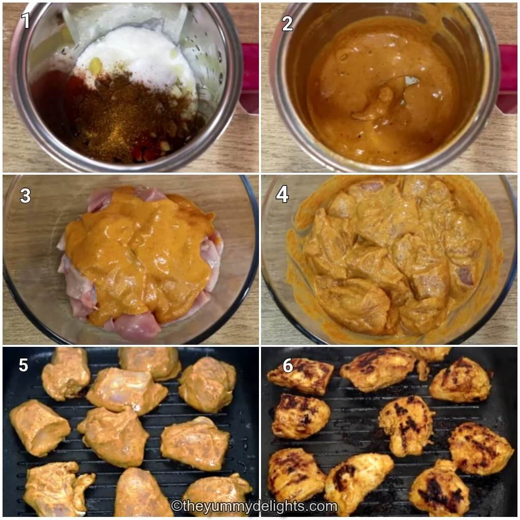 Collage image of 6 steps showing how to make Dishooms Chicken Ruby. Shows blending marinade, combining chicken with the marinade in the bowl and grilling chicken on grill.