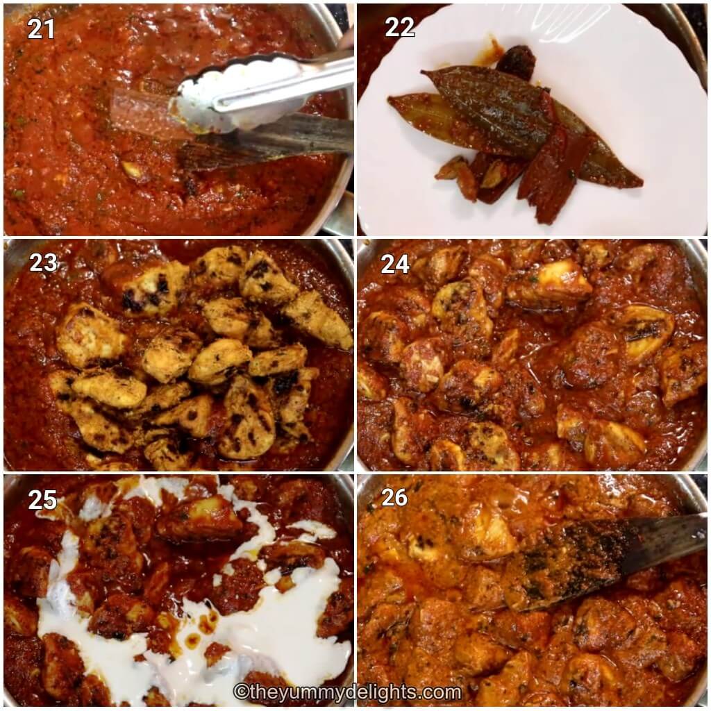 Collage image of 6 steps showing making dishooms chicken ruby curry recipe. It shows removing the whole spices from the curry, addition of grilled chicken and cream and cooking it.