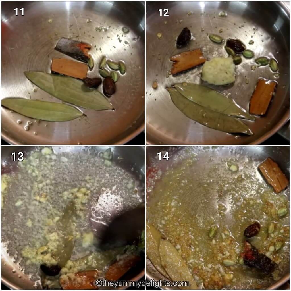 Collage image of 4 steps showing how to make makhni sauce for making chicken ruby. It shows sauteing of whole spices, ginger and garlic to make ruby curry.