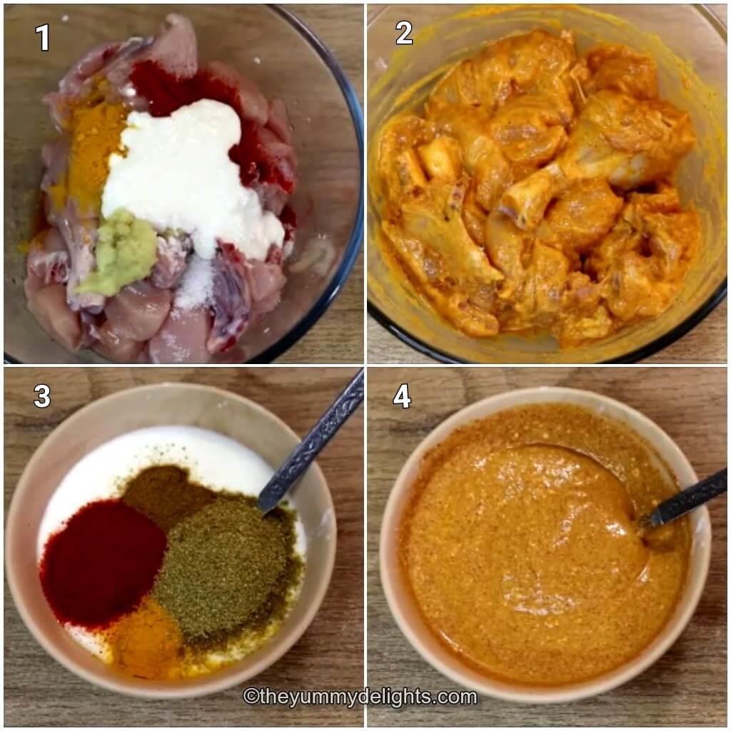 Collage image of 4 steps showing preparations for making chicken dopiaza recipe.