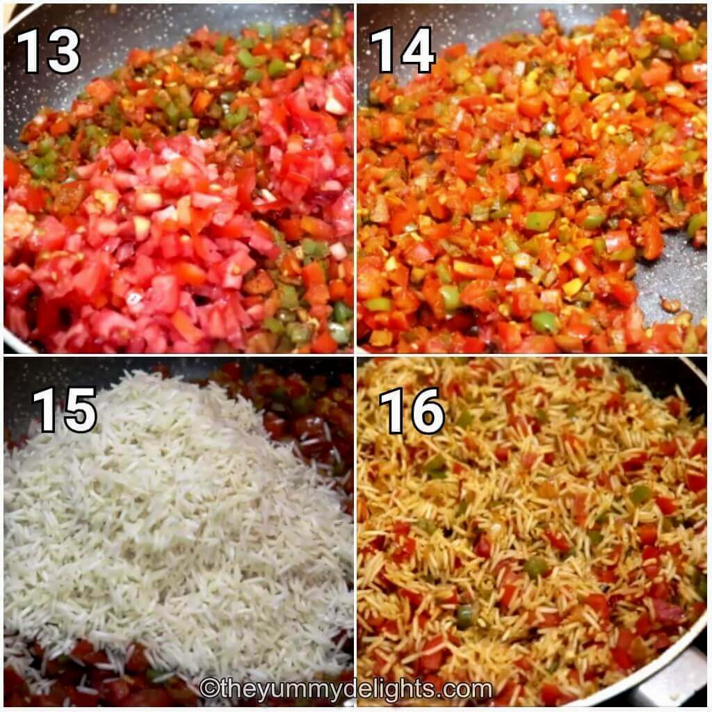 Collage image of 4 steps showing addition of tomatoes and rice to make cajun chicken and rice recipe.