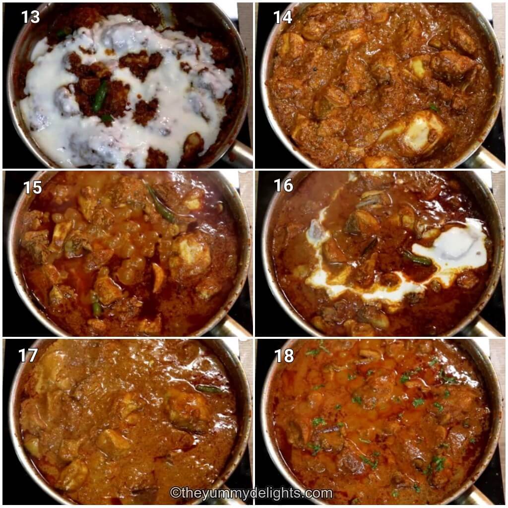 Collage image of 6 steps showing addition of yogurt, nuts paste and cooking the Kashmiri curry.