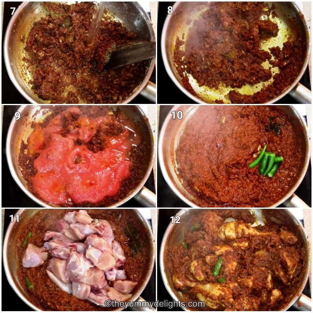 Collage image of 6 steps showing making Kashmiri chicken curry recipe. Shows sauteing spices, addition of tomato paste, green chili, chicken and cooking them.