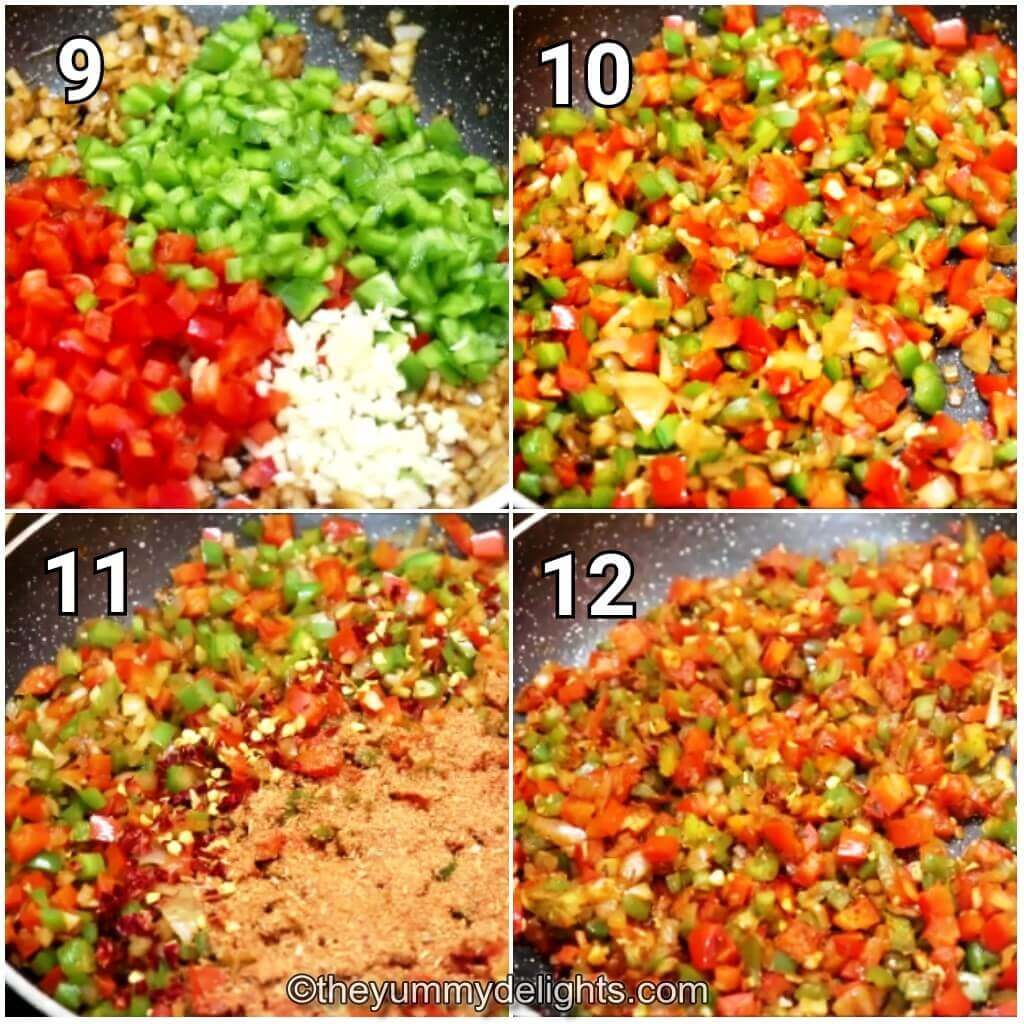 Collage image of 4 steps showing making one pot cajun chicken rice recipe. It shows addition of bell peppers, garlic, cajun seasoning, and cooking them.