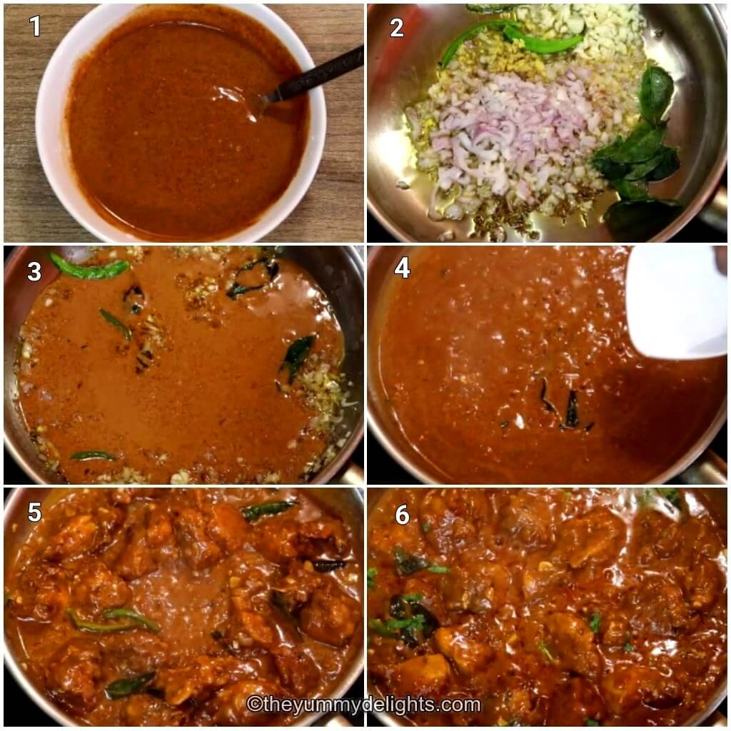 Collage image of 6 steps showing how to make chicken 65 gravy recipe. It shows making yogurt sauce, stir-frying onion, garlic and green chili, addition of sauce and cooking it. It also shows addition of fried chicken and tossing it with the sauce.