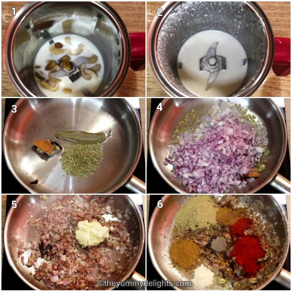 Collage image of 6 steps showing how to make Kashmiri chicken. Shows grinding cashews and raisins, sauteing whole spices, onions, ginger-garlic paste and spice powders.