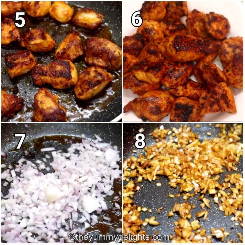 Collage image of 4 steps showing how to make one pan cajun chicken rice. It shows pan fried chicken and sauteing onions.
